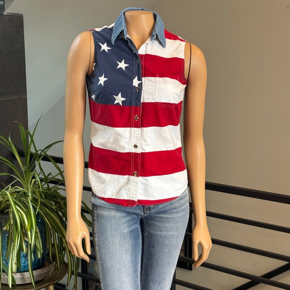 Roper Womens American Flag Sleeveless Western Shirt S Stars Stripes Patriotic